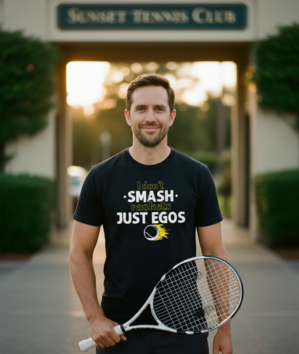 Man holding a tennis racket wearing a t-shirt with a humorous message, standing in front of a tennis club entrance.  The man is wearing a Cows Corner t-shirt with the funny tennis slogan 'I Don't Smash Rackets Just Egos'. Cows Corner gifts are perfect for sport-mad fans, these gifts work brilliantly for birthdays, new baby celebrations, Father’s Day, Mother’s Day, Christmas, anniversaries, thank you gifts, end-of-season team awards, graduations, retirements, and just-because moments 