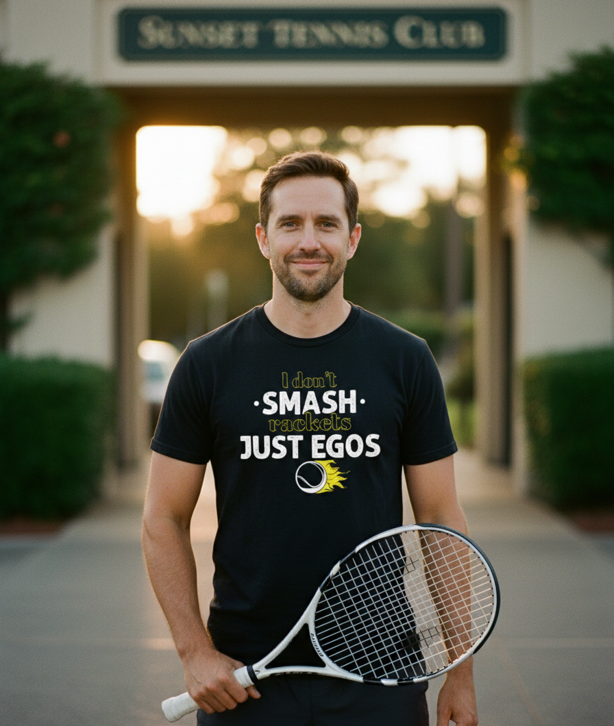 Man holding a tennis racket wearing a t-shirt with a humorous message, standing in front of a tennis club entrance.  The man is wearing a Cows Corner t-shirt with the funny tennis slogan 'I Don't Smash Rackets Just Egos'. Cows Corner gifts are perfect for sport-mad fans, these gifts work brilliantly for birthdays, new baby celebrations, Father’s Day, Mother’s Day, Christmas, anniversaries, thank you gifts, end-of-season team awards, graduations, retirements, and just-because moments 