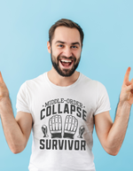 A man wearing a white t-shirt with Middle-order Collapse Survivor on the front.  A Funny Cricket T-shirt, Premium Fabric, Multiple Adult Sizes