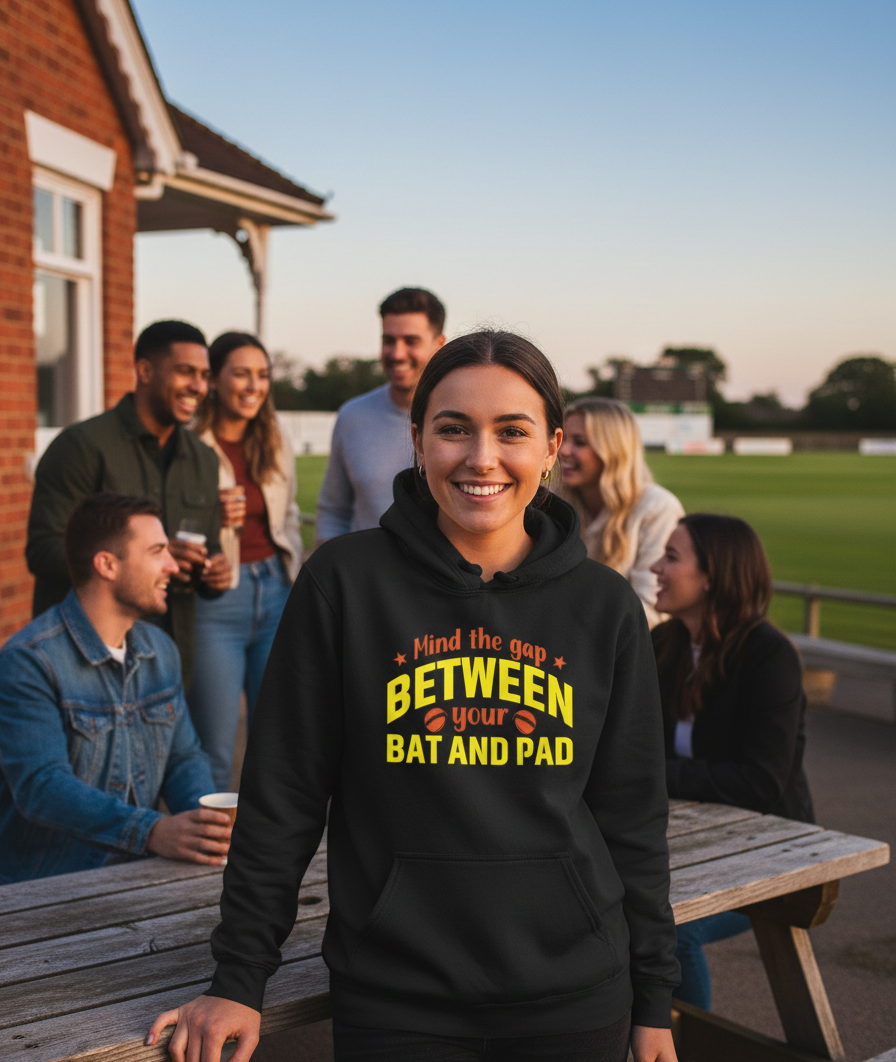 Person wearing a black hoodie with text, standing outdoors with friends in the background. The lady is wearing a Cows Corner hoodie with a funny cricket slogan 'Mind The Gap Between Your Bat And Pads'. Cows Corner gifts are perfect for sport-mad fans, these gifts work brilliantly for birthdays, new baby celebrations, Father’s Day, Mother’s Day, Christmas, anniversaries, thank you gifts, end-of-season team awards, graduations, retirements, and just-because moments when you want to raise a smile. 
