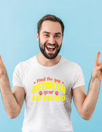 A man wearing a white t-shirt with Mind the Gap Between Your Bat and Pad on the front. A Funny Cricket Hoodie, Premium Fabric, Multiple Adult Sizes