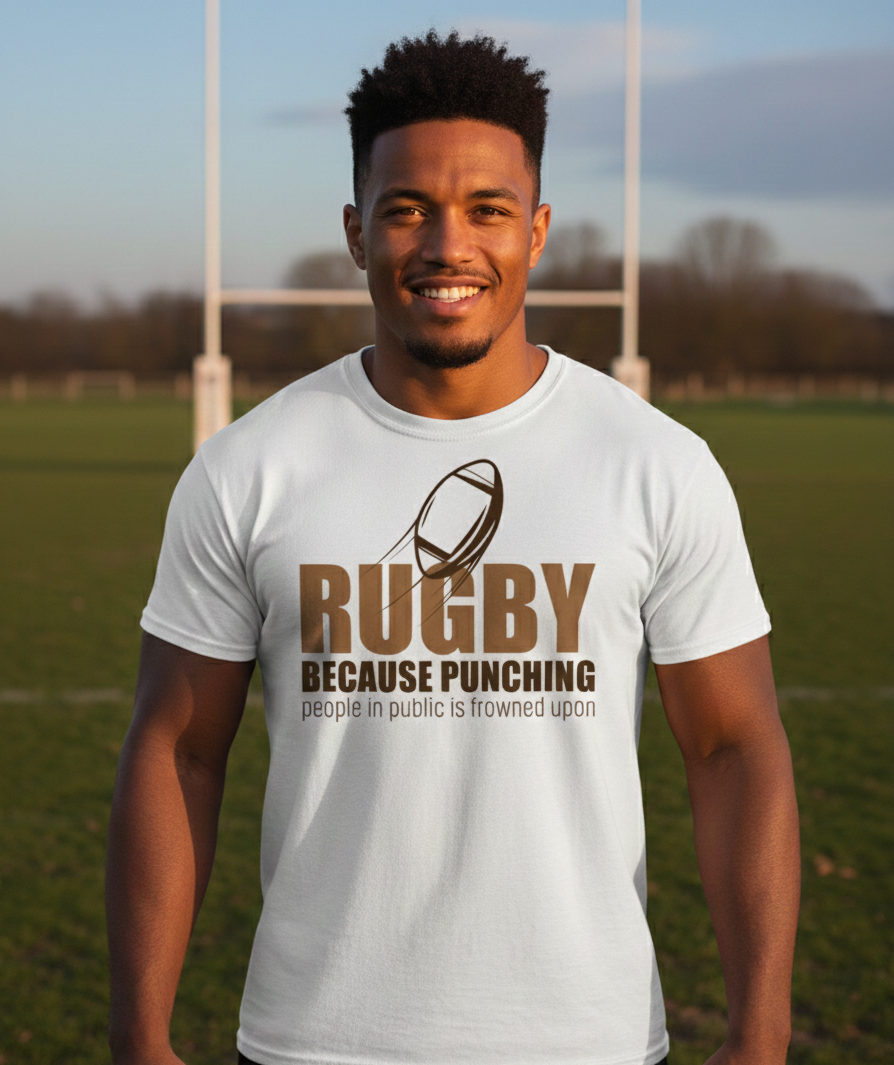 Man wearing a white t-shirt with rugby-themed text on a sports field. The man is wearing a Cows Corner t-shirt with the funny rugby slogan 'Rugby Because Punching People in Public Is Frowned Upon'. Cows Corner gifts are perfect for sport-mad fans, these gifts work brilliantly for birthdays, new baby celebrations, Father’s Day, Mother’s Day, Christmas, anniversaries, thank you gifts, end-of-season team awards, graduations, retirements, and just-because moments when you want to raise a smile. 
