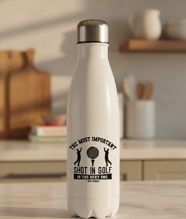 White water bottle with black text on a kitchen counter. This is a Cows Corner water bottle with a funny golf slogan 'The Most Important Shot in Golf Is the Next One – Ben Hogan'. Cows Corner gifts are perfect for sport-mad fans, these gifts work brilliantly for birthdays, new baby celebrations, Father’s Day, Mother’s Day, Christmas, anniversaries, thank you gifts, end-of-season team awards, graduations, retirements, and just-because moments when you want to raise a smile. 
