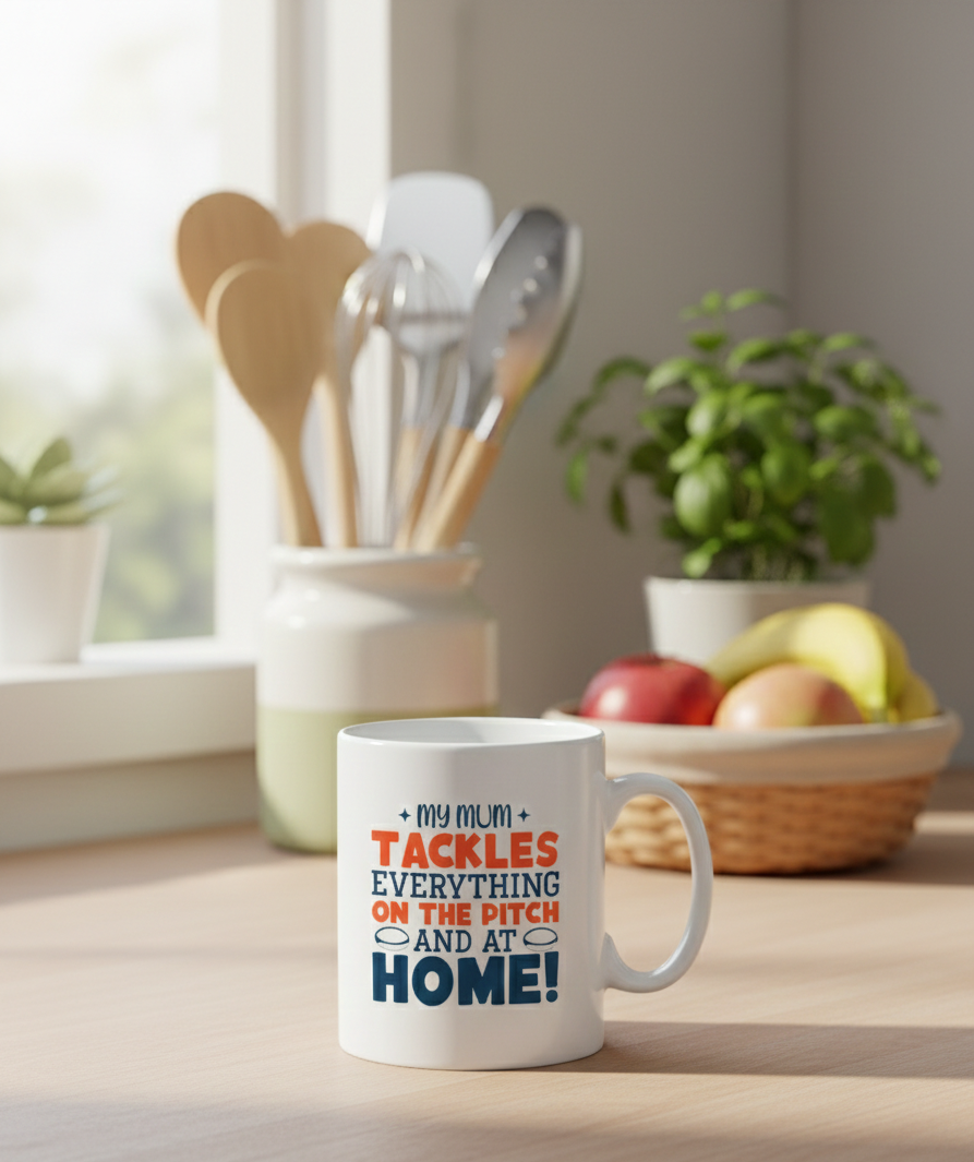 White mug with colorful text on a kitchen counter with utensils and fruit in the background. This is a Cows Corner mug with a funny rugby slogan 'My Mum Tackles Everything on the Pitch and at Home!'. Cows Corner gifts are perfect for sport-mad fans, these gifts work brilliantly for birthdays, new baby celebrations, Father’s Day, Mother’s Day, Christmas, anniversaries, thank you gifts, end-of-season team awards, graduations, retirements, and just-because moments when you want to raise a smile. 
