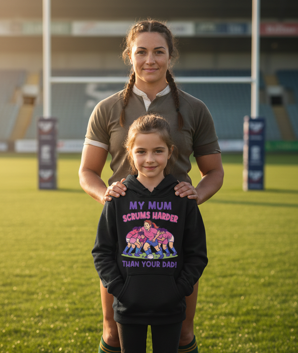 Woman and young girl standing on a rugby field wearing a Cows Corner hoodie that reads 'My mum scrums harder than your dad'. Cows Corner gifts are perfect for sport-mad fans, these gifts work brilliantly for birthdays, new baby celebrations, Father’s Day, Mother’s Day, Christmas, anniversaries, thank you gifts, end-of-season team awards, graduations, retirements, and just-because moments when you want to raise a smile. 
