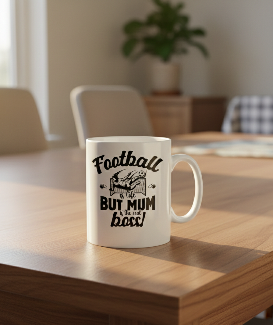 White mug with text on a wooden table in a room with chairs and a plant. This is a Cows Corner mug with a funny football slogan 'Football Is Life but Mum Is the Real Boss'. Cows Corner gifts are perfect for sport-mad fans, these gifts work brilliantly for birthdays, new baby celebrations, Father’s Day, Mother’s Day, Christmas, anniversaries, thank you gifts, end-of-season team awards, graduations, retirements, and just-because moments when you want to raise a smile. 
