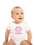 A baby wearing the baby grow with Mums Like a Good All-Rounder Does Everything - on the front! Funny Cricket Baby Bodysuit, Organic or In-Conversion to Organic Cotton, Self Fabric Bound Neckline, Cuffs and Leg Openings