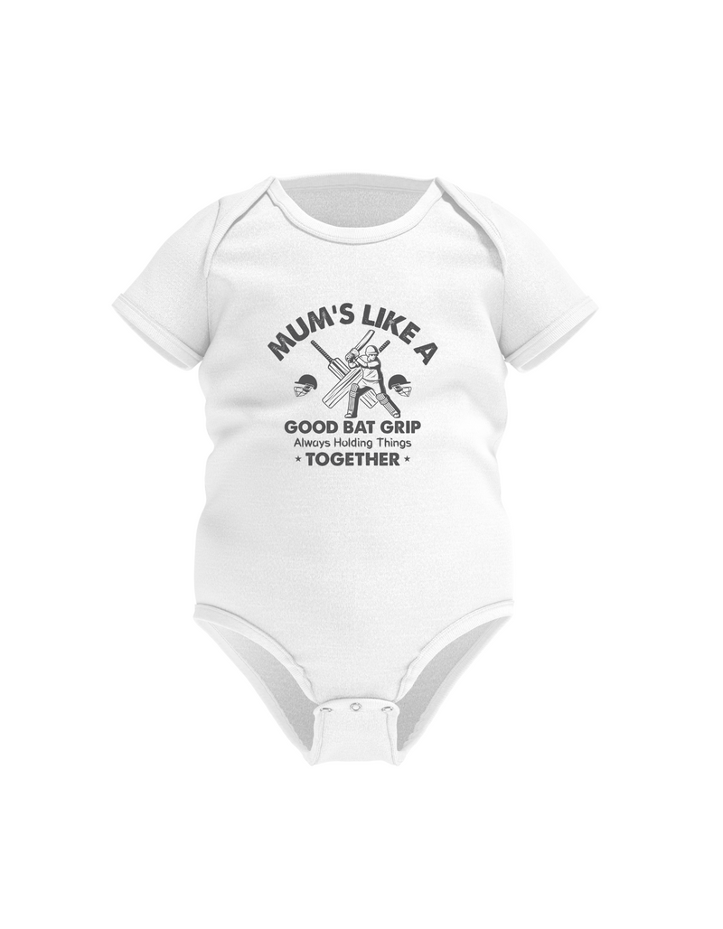 Mums Like a Good Bat Grip, Always Holding Things Together! Funny Cricket Baby Bodysuit, Organic or In-Conversion to Organic Cotton, Self Fabric Bound Neckline, Cuffs and Leg Openings