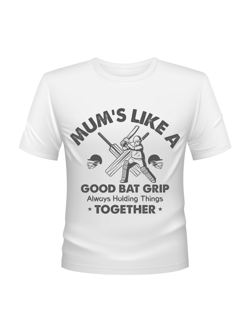 Mums Like A Good Bat Grip, Always Holding Things Together. Funny Cricket T-Shirt, Premium Fabric, Multiple Junior Sizes, Perfect for Boys and Girls