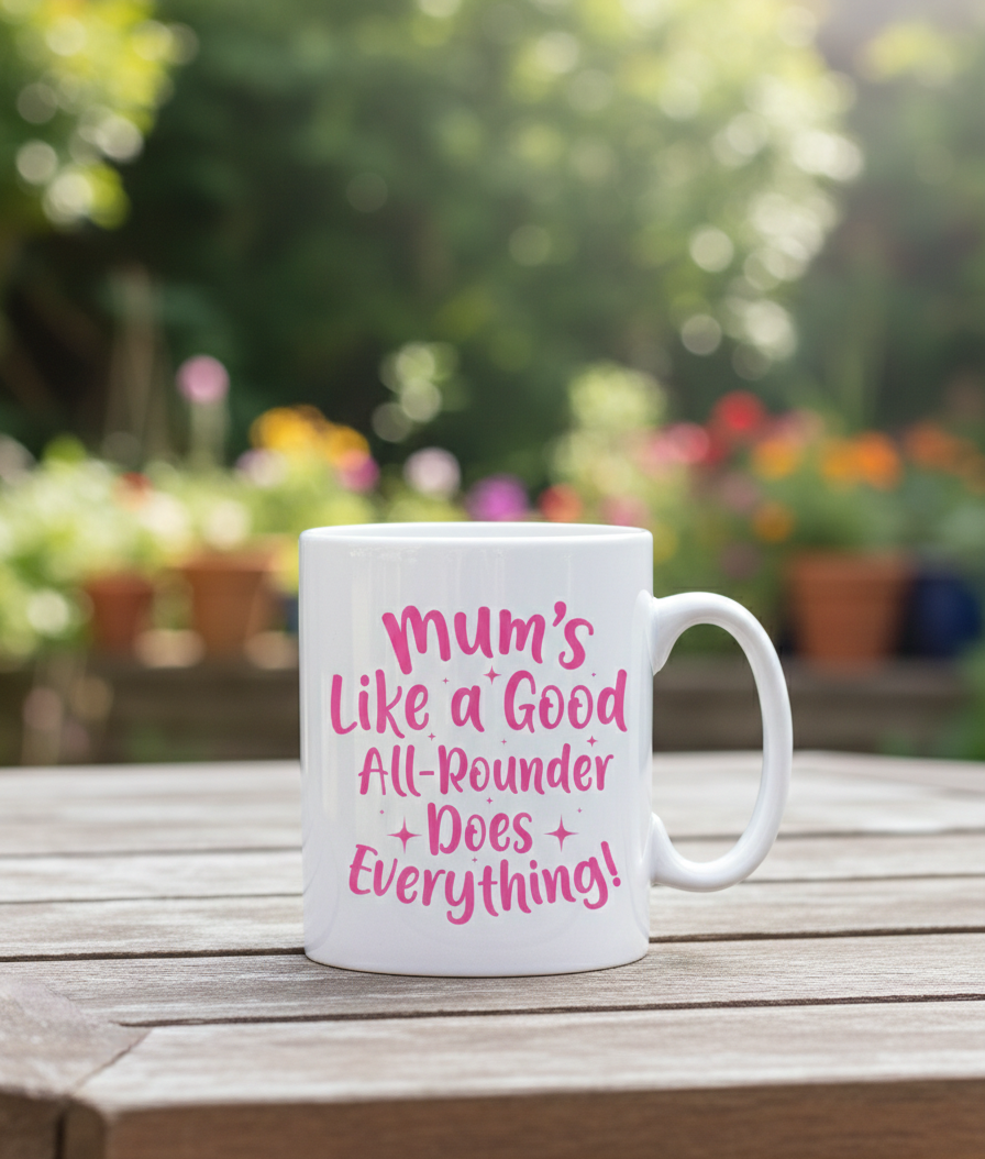 White mug with pink text on a wooden table with a garden background. This is a Cows Corner mug with a funny tennis slogan 'Mums Like A Good All-rounder, Does Everything'. Cows Corner gifts are perfect for sport-mad fans, these gifts work brilliantly for birthdays, new baby celebrations, Father’s Day, Mother’s Day, Christmas, anniversaries, thank you gifts, end-of-season team awards, graduations, retirements, and just-because moments when you want to raise a smile. 
