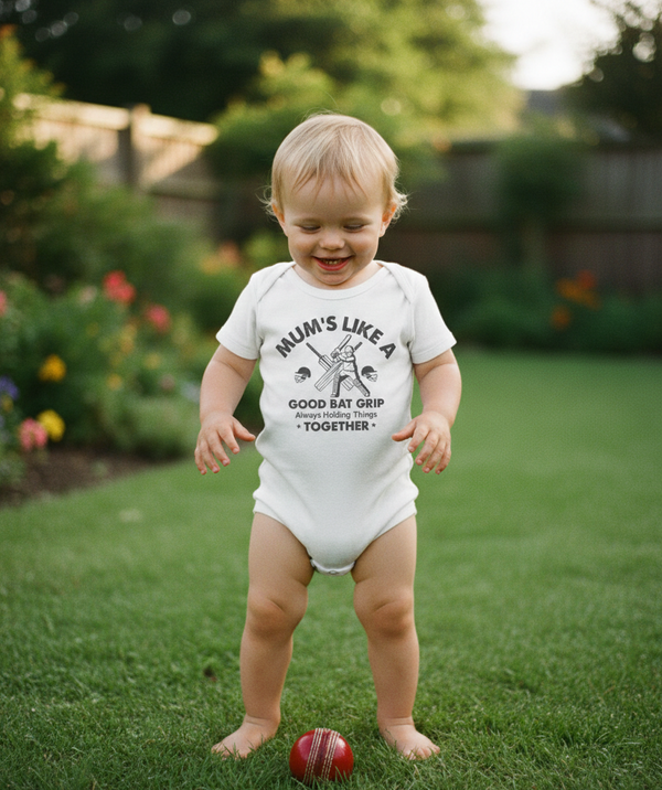 Child wearing a white onesie with text in a garden. The baby is wearing a Cows Corner baby grow with a funny cricket slogan 'Mums Like A Good Bat Grip, Always Holding Things Together'. Cows Corner gifts are perfect for sport-mad fans, these gifts work brilliantly for birthdays, new baby celebrations, Father’s Day, Mother’s Day, Christmas, anniversaries, thank you gifts, end-of-season team awards, graduations, retirements, and just-because moments when you want to raise a smile. 
