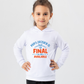 A little girl wearing a white hoodie with Mums Decisions is Final No DRS Available on the front.  A Funny Cricket Hoodie, Premium Fabric, Multiple Junior Sizes, Perfect for Boys and Girls