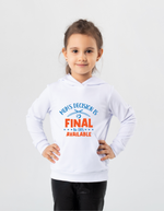 A little girl wearing a white hoodie with Mums Decisions is Final No DRS Available on the front.  A Funny Cricket Hoodie, Premium Fabric, Multiple Junior Sizes, Perfect for Boys and Girls