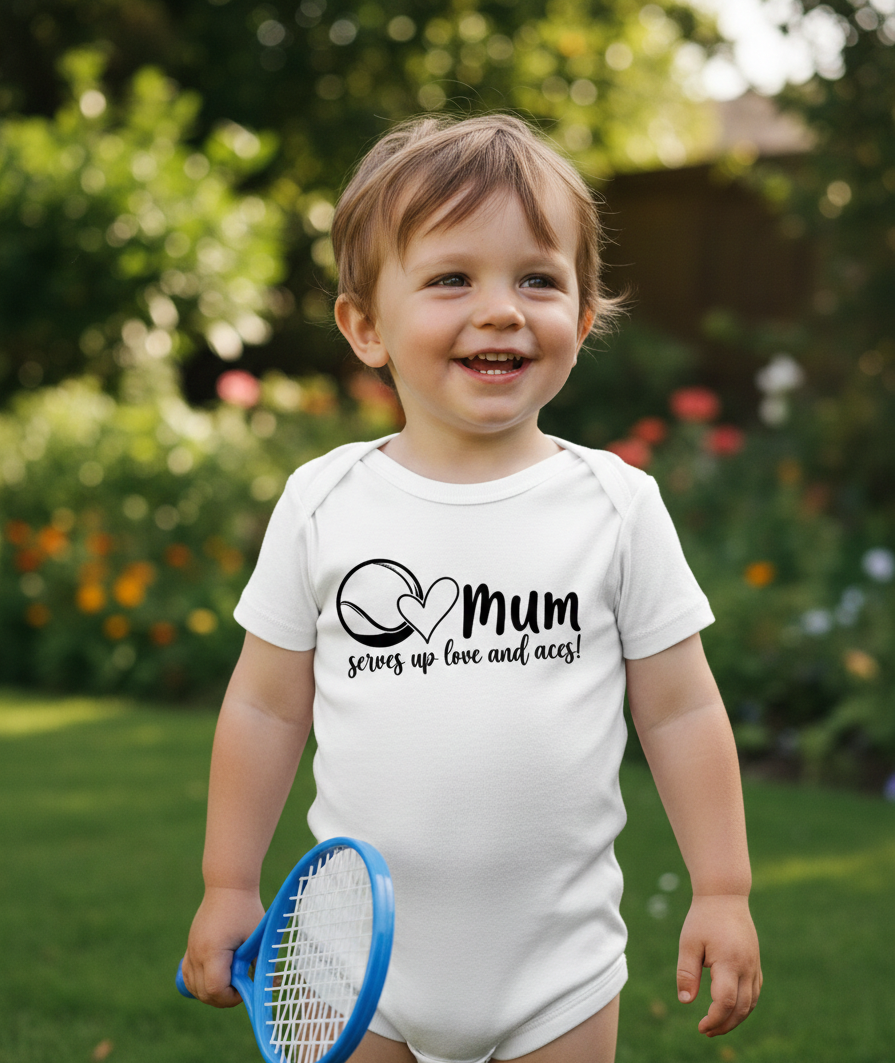Child wearing a white onesie with text, holding a blue tennis racket in a garden setting. The baby is wearing a Cows Corner baby grow with a funny tennis slogan 'Mum Serves Up Love and Aces'. Cows Corner gifts are perfect for sport-mad fans, these gifts work brilliantly for birthdays, new baby celebrations, Father’s Day, Mother’s Day, Christmas, anniversaries, thank you gifts, end-of-season team awards, graduations, retirements, and just-because moments when you want to raise a smile. 
