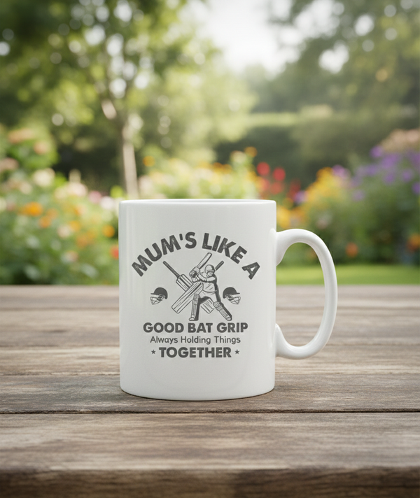 White mug with humorous text design on a wooden table outdoors. This is a Cows Corner mug with a funny cricket slogan 'Mums Like A Good Bat Grip, Always Holding Things Together'. Cows Corner gifts are perfect for sport-mad fans, these gifts work brilliantly for birthdays, new baby celebrations, Father’s Day, Mother’s Day, Christmas, anniversaries, thank you gifts, end-of-season team awards, graduations, retirements, and just-because moments when you want to raise a smile. 
