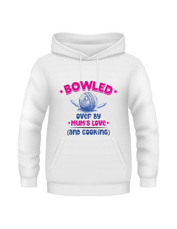 Bowled Over by Mum’s Love (and Cooking).  Funny Cricket Hoodie, Premium Fabric, Multiple Junior Sizes, Perfect for Boys and Girls