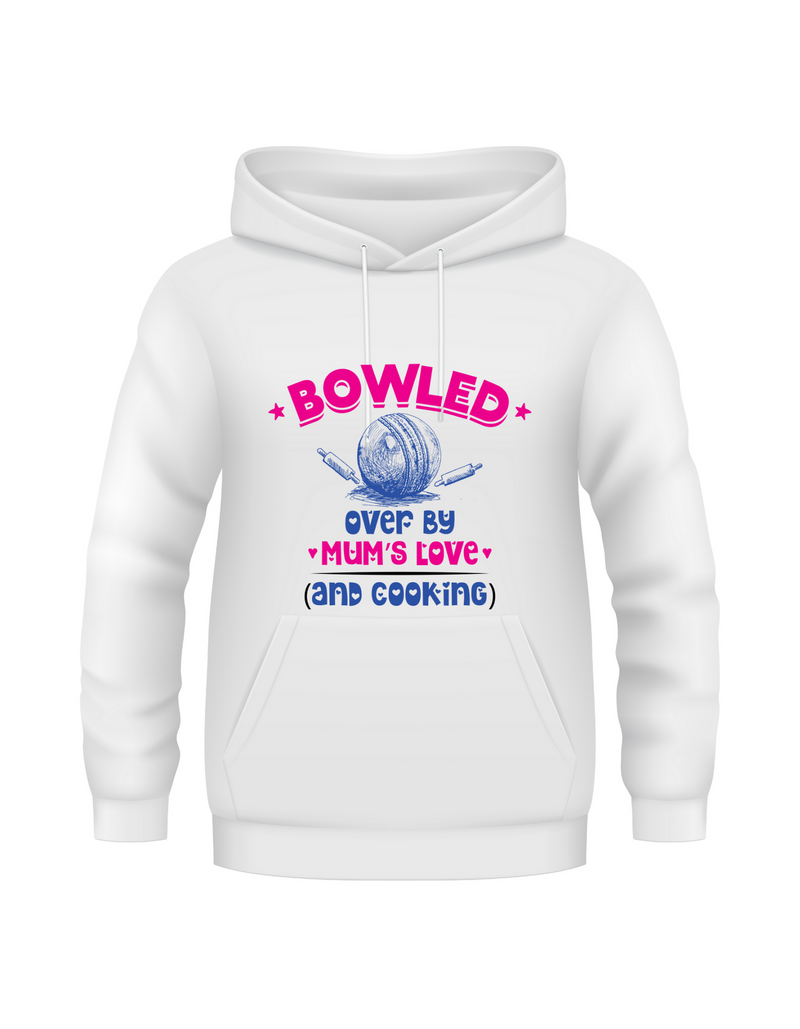 Bowled Over by Mum’s Love (and Cooking).  Funny Cricket Hoodie, Premium Fabric, Multiple Junior Sizes, Perfect for Boys and Girls
