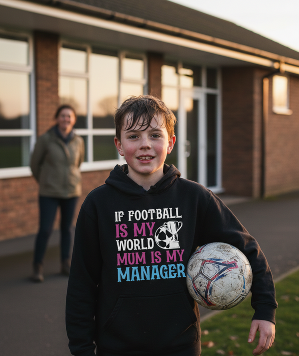 Young boy holding a football with a hoodie text, standing in front of a building. The boy is wearing a Cows Corner hoodie with the funny football slogan 'If Football Is My World Mum Is My Manager'.  Cows Corner gifts are perfect for sport-mad fans, these gifts work brilliantly for birthdays, new baby celebrations, Father’s Day, Mother’s Day, Christmas, anniversaries, thank you gifts, end-of-season team awards, graduations, retirements, and just-because moments when you want to raise a smile. 
