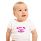 A baby wearing a baby grow with Mums My Umpire Always Raising Me Right! Funny Cricket Baby Bodysuit, Organic or In-Conversion to Organic Cotton, Self Fabric Bound Neckline, Cuffs and Leg Openings