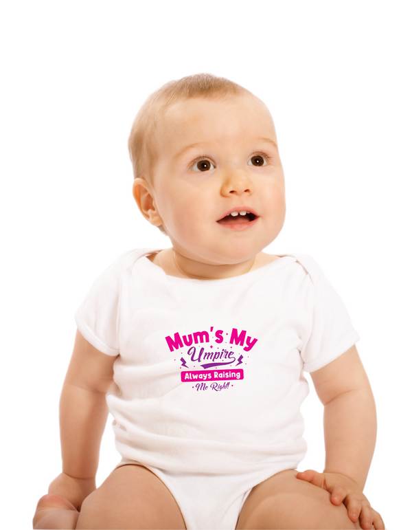 A baby wearing a baby grow with Mums My Umpire Always Raising Me Right! Funny Cricket Baby Bodysuit, Organic or In-Conversion to Organic Cotton, Self Fabric Bound Neckline, Cuffs and Leg Openings