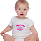 A baby wearing a baby grow with Mums My Umpire Always Raising Me Right! Funny Cricket Baby Bodysuit, Organic or In-Conversion to Organic Cotton, Self Fabric Bound Neckline, Cuffs and Leg Openings