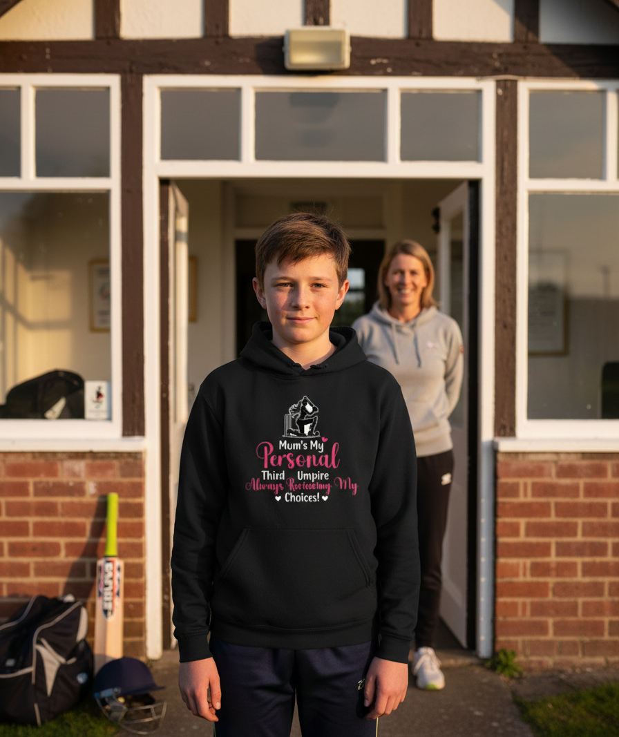 Person wearing a black hoodie with text in front of a building. The boy is wearing a Cows Corner hoodie with a funny cricket slogan 'Mum's My Personal Third Umpire, Always Reviewing My Choices'.  Cows Corner gifts are perfect for sport-mad fans, these gifts work brilliantly for birthdays, new baby celebrations, Father’s Day, Mother’s Day, Christmas, anniversaries, thank you gifts, end-of-season team awards, graduations, retirements, and just-because moments when you want to raise a smile. 

