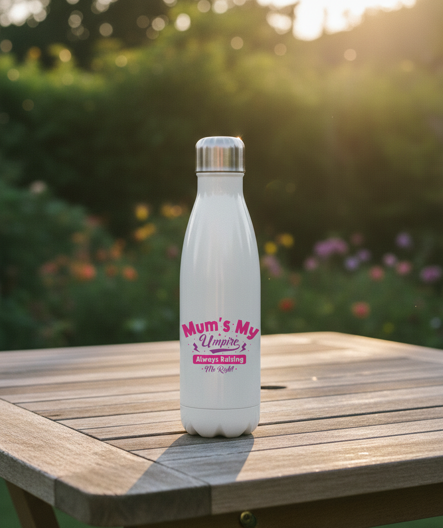 White water bottle with text on a wooden table outdoors. This is a Cows Corner water bottle with a funny cricket slogan 'Mums my umpire always raising me right'. Cows Corner gifts are perfect for sport-mad fans, these gifts work brilliantly for birthdays, new baby celebrations, Father’s Day, Mother’s Day, Christmas, anniversaries, thank you gifts, end-of-season team awards, graduations, retirements, and just-because moments when you want to raise a smile. 
