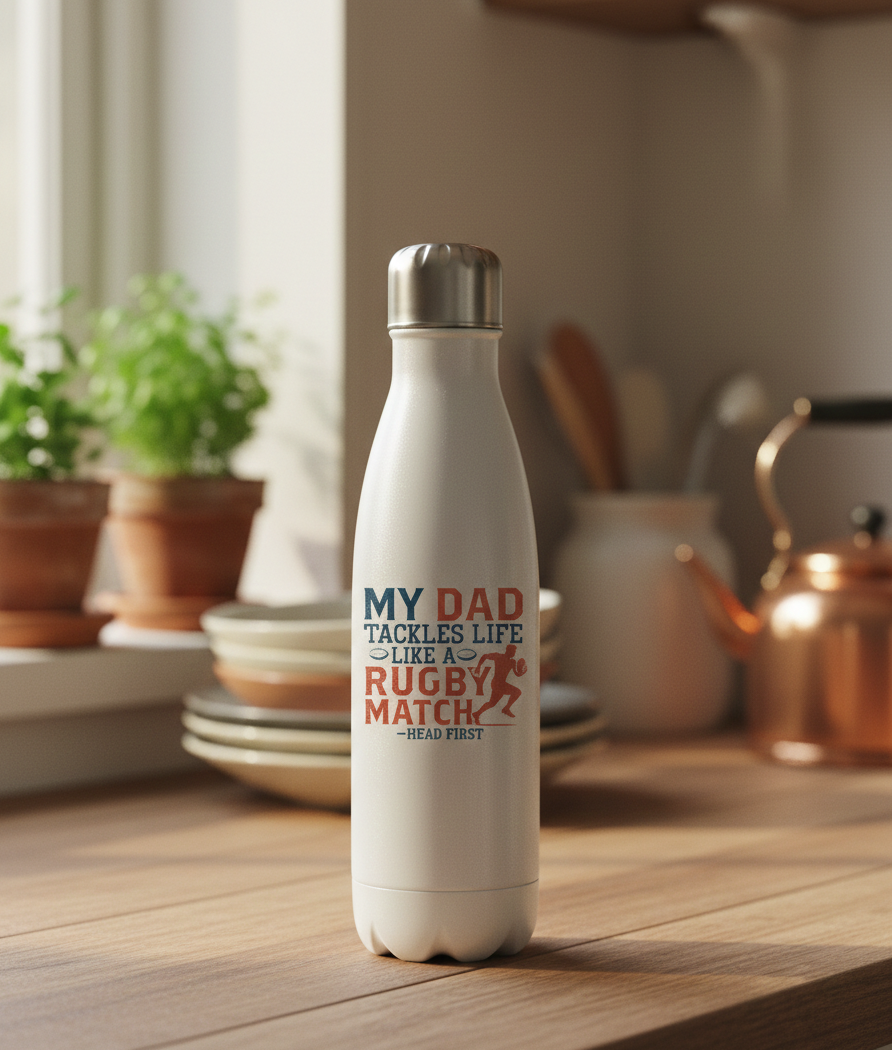 White water bottle with a printed design on a kitchen counter. A Cows Corner water bottle with a slogan My Dad Tackles Life Like a Rugby Match- Head First, Cows Corner gifts are perfect for sport-mad fans, these gifts work brilliantly for birthdays, new baby celebrations, Father’s Day, Mother’s Day, Christmas, anniversaries, thank you gifts, end-of-season team awards, graduations, retirements, and just-because moments when you want to raise a smile. 
