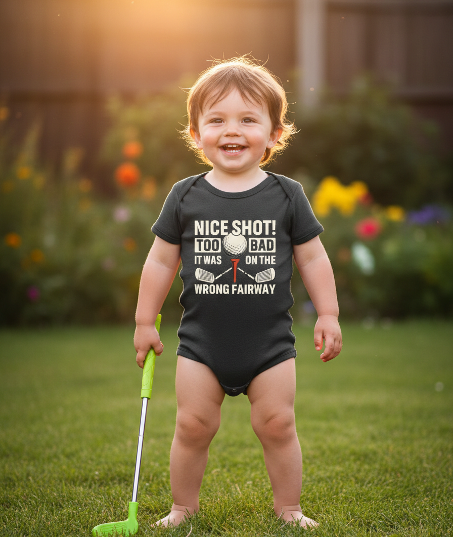Child wearing a black onesie with humorous text, holding a toy golf club in a garden setting.  The baby is wearing a Cows Corner baby grow with the funny golf slogan 'Nice Shot! Too Bad It Was on the Wrong Fairway'. Cows Corner gifts are perfect for sport-mad fans, these gifts work brilliantly for birthdays, new baby celebrations, Father’s Day, Mother’s Day, Christmas, anniversaries, thank you gifts, end-of-season team awards, graduations, retirements, and just-because moments when you want to raise a smile