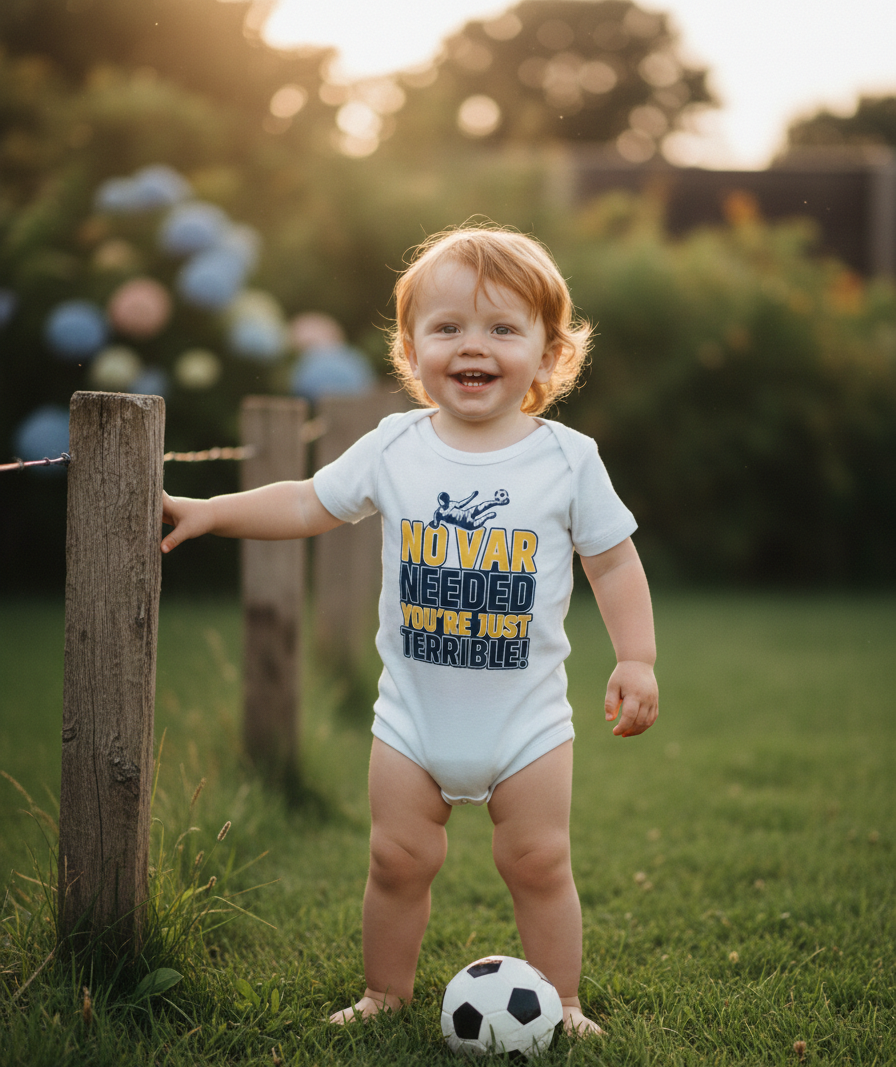 Child in a garden wearing a onesie with text, standing next to a soccer ball. The baby is wearing a Cows Corner baby grow with the funny football slogan 'No VAR Needed You’re Just Terrible'. Cows Corner gifts are perfect for sport-mad fans, these gifts work brilliantly for birthdays, new baby celebrations, Father’s Day, Mother’s Day, Christmas, anniversaries, thank you gifts, end-of-season team awards, graduations, retirements, and just-because moments when you want to raise a smile. 
