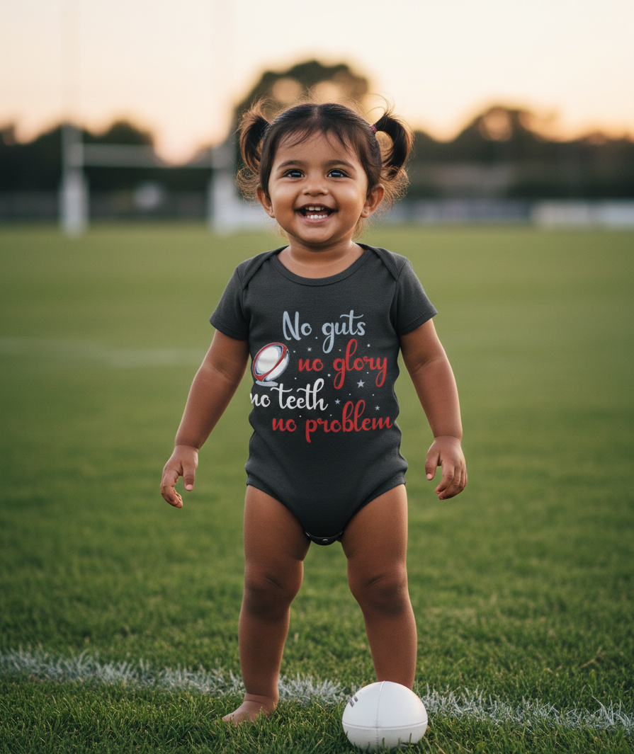 Child in a black onesie with a motivational quote on a grassy field. The baby is wearing a Cows Corner baby grow with a funny rugby slogan 'No Guts No Glory No Teeth No Problem'.  Cows Corner gifts are perfect for sport-mad fans, these gifts work brilliantly for birthdays, new baby celebrations, Father’s Day, Mother’s Day, Christmas, anniversaries, thank you gifts, end-of-season team awards, graduations, retirements, and just-because moments when you want to raise a smile. 
