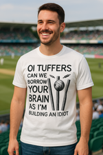 A short video showing a rotating white hoodie with the funny cricket saying on the front that reads 'Oi Tuffers, Can We Borrow Your Brain'