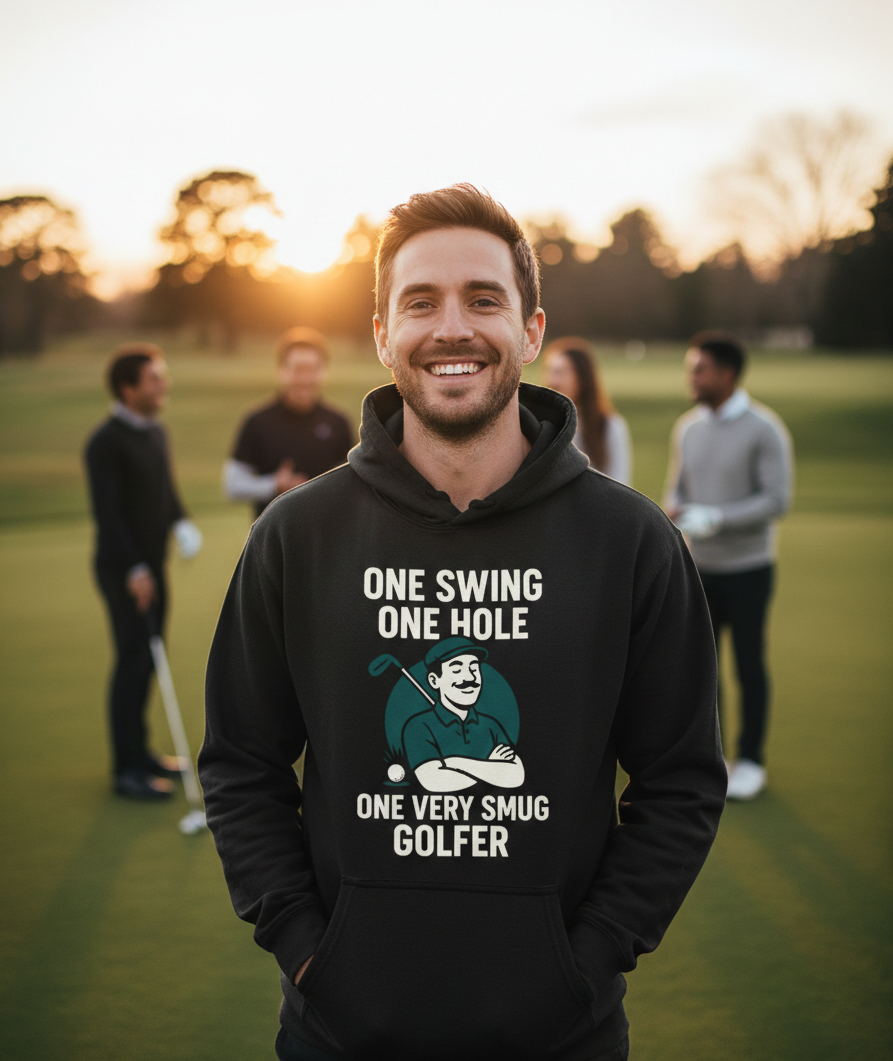 Man wearing a hoodie with a humorous golf-themed design on a golf course.  The man is wearing a Cows Corner hoodie with the funny golf slogan 'One Swing, One Hole, One Very Smug Golfer'. Cows Corner gifts are perfect for sport-mad fans, these gifts work brilliantly for birthdays, new baby celebrations, Father’s Day, Mother’s Day, Christmas, anniversaries, thank you gifts, end-of-season team awards, graduations, retirements, and just-because moments when you want to raise a smile. 
