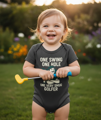 Child wearing a humorous baby onesie with golf-themed text, standing outdoors. The baby is wearing a Cows Corner baby grow with the funny golf slogan 'One Swing, One Hole, One Very Smug Golfer'. Cows Corner gifts are perfect for sport-mad fans, these gifts work brilliantly for birthdays, new baby celebrations, Father’s Day, Mother’s Day, Christmas, anniversaries, thank you gifts, end-of-season team awards, graduations, retirements, and just-because moments when you want to raise a smile. 
