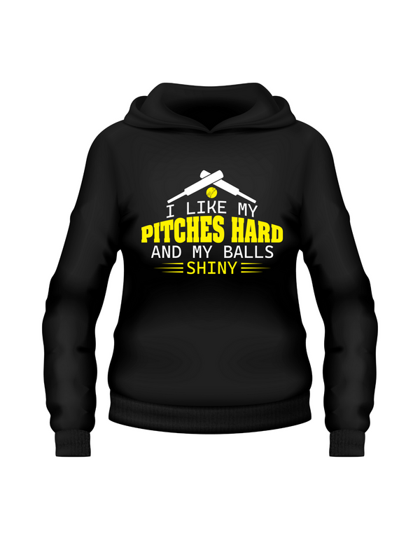 I Like My Pitches Hard and My Balls Shiny!  Funny Cricket Hoodie, Premium Fabric, Multiple Adult Sizes