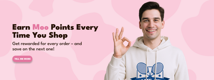 Man in a white hoodie with a blue logo on a pink background, promoting 'Moo Points' rewards system.