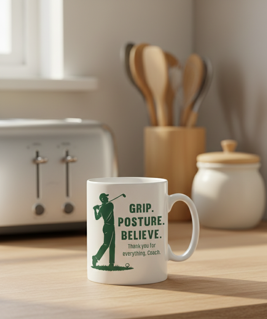 White mug with green text and graphics on a kitchen counter.  This is a Cows Corner mug with a funny golf slogan 'Grip, Posture, Believe. Thank You for Everything Coach'. Cows Corner gifts are perfect for sport-mad fans, these gifts work brilliantly for birthdays, new baby celebrations, Father’s Day, Mother’s Day, Christmas, anniversaries, thank you gifts, end-of-season team awards, graduations, retirements, and just-because moments when you want to raise a smile. 
