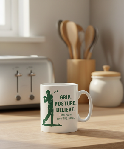 White mug with green text and graphics on a kitchen counter.  This is a Cows Corner mug with a funny golf slogan 'Grip, Posture, Believe. Thank You for Everything Coach'. Cows Corner gifts are perfect for sport-mad fans, these gifts work brilliantly for birthdays, new baby celebrations, Father’s Day, Mother’s Day, Christmas, anniversaries, thank you gifts, end-of-season team awards, graduations, retirements, and just-because moments when you want to raise a smile. 
