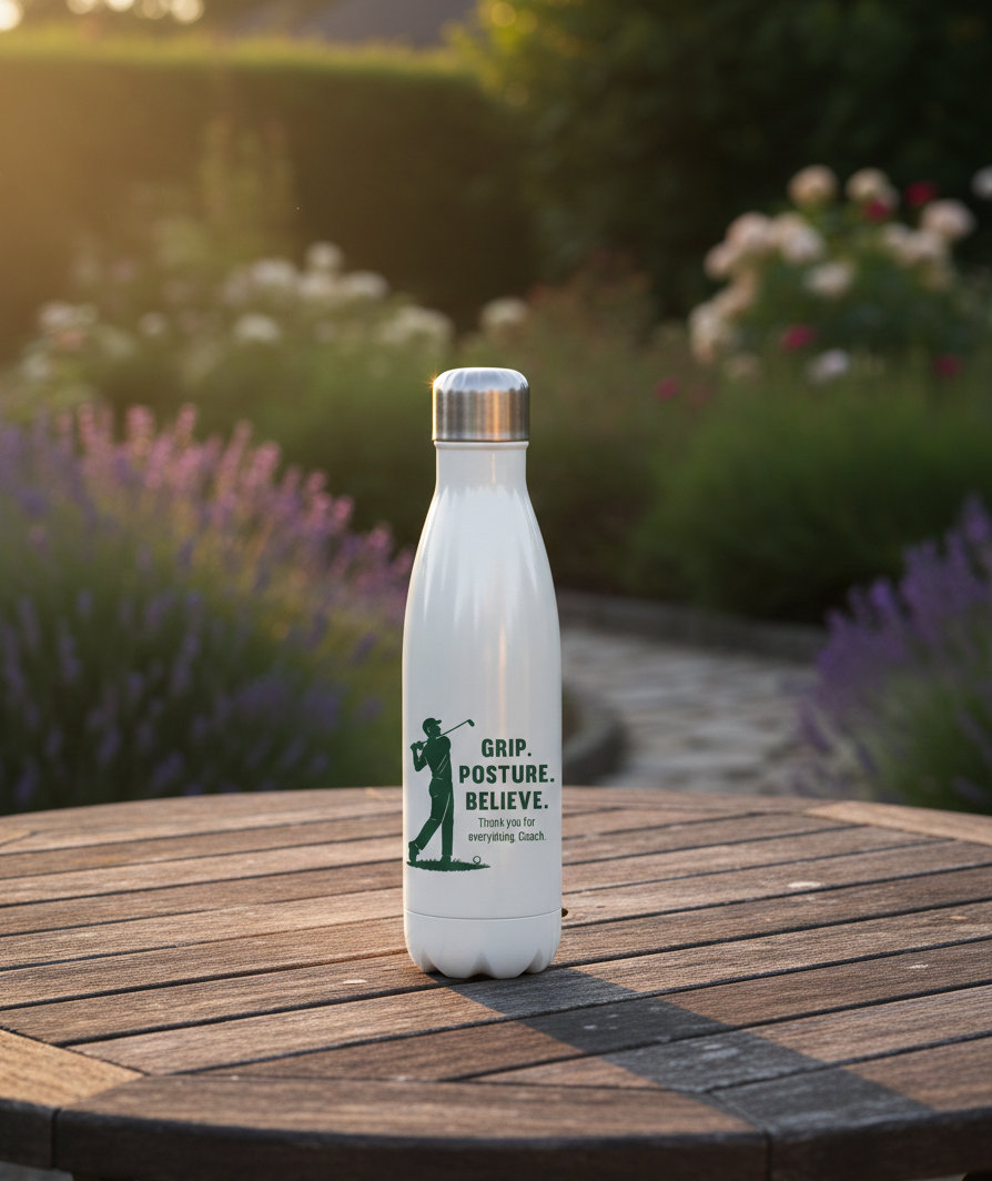 White water bottle with a golf-themed design on a wooden table outdoors. This is a Cows Corner water bottle with a funny golf slogan 'Grip, Posture, Believe. Thank You for Everything Coach'. Cows Corner gifts are perfect for sport-mad fans, these gifts work brilliantly for birthdays, new baby celebrations, Father’s Day, Mother’s Day, Christmas, anniversaries, thank you gifts, end-of-season team awards, graduations, retirements, and just-because moments when you want to raise a smile. 
