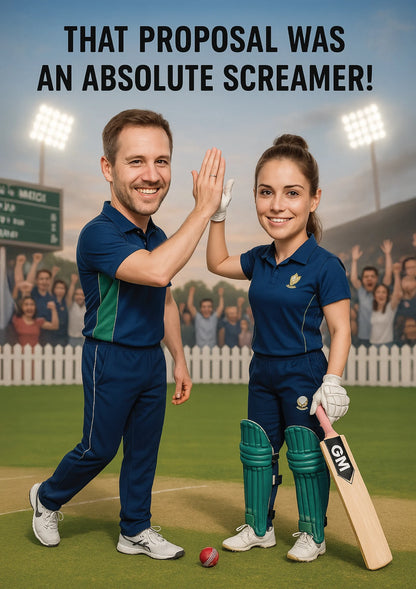 A proposal congratulations card which says 'That proposal was an absolute screamer!' on the front