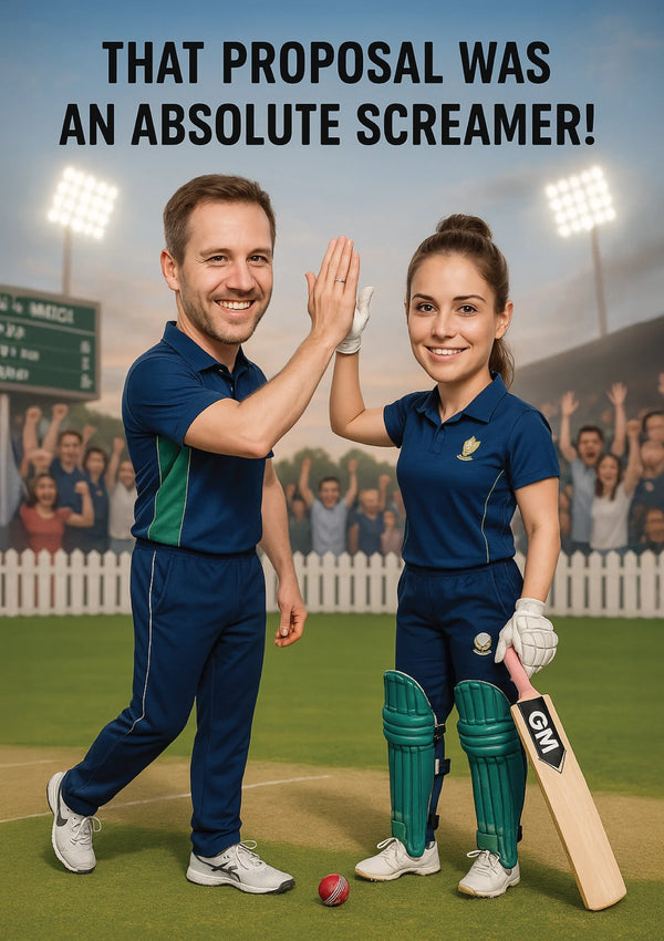 A proposal congratulations card which says 'That proposal was an absolute screamer!' on the front