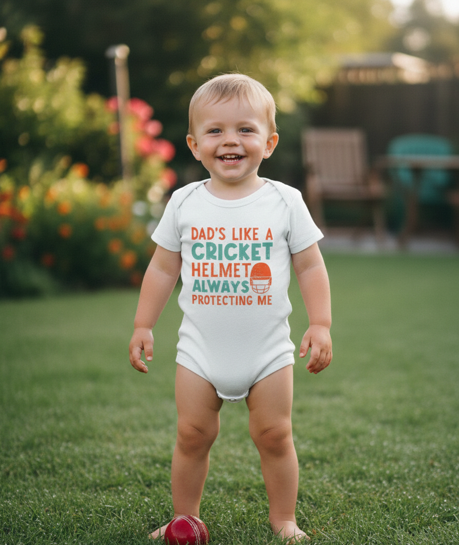 Child wearing a onesie with a humorous message outdoors on a grassy area. The baby is wearing a Cows Corner baby grow with the funny cricket slogan 'Dads like a cricket helmet always protecting me'. Cows Corner gifts are perfect for sport-mad fans, these gifts work brilliantly for birthdays, new baby celebrations, Father’s Day, Mother’s Day, Christmas, anniversaries, thank you gifts, end-of-season team awards, graduations, retirements, and just-because moments when you want to raise a smile. 
