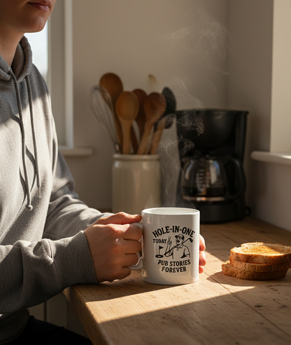Person holding a mug with text in a kitchen setting. This is a Cows Corner mug with a funny golf slogan 'Hole-In-One Today… Pub Stories Forever'. Cows Corner gifts are perfect for sport-mad fans, these gifts work brilliantly for birthdays, new baby celebrations, Father’s Day, Mother’s Day, Christmas, anniversaries, thank you gifts, end-of-season team awards, graduations, retirements, and just-because moments when you want to raise a smile. 
