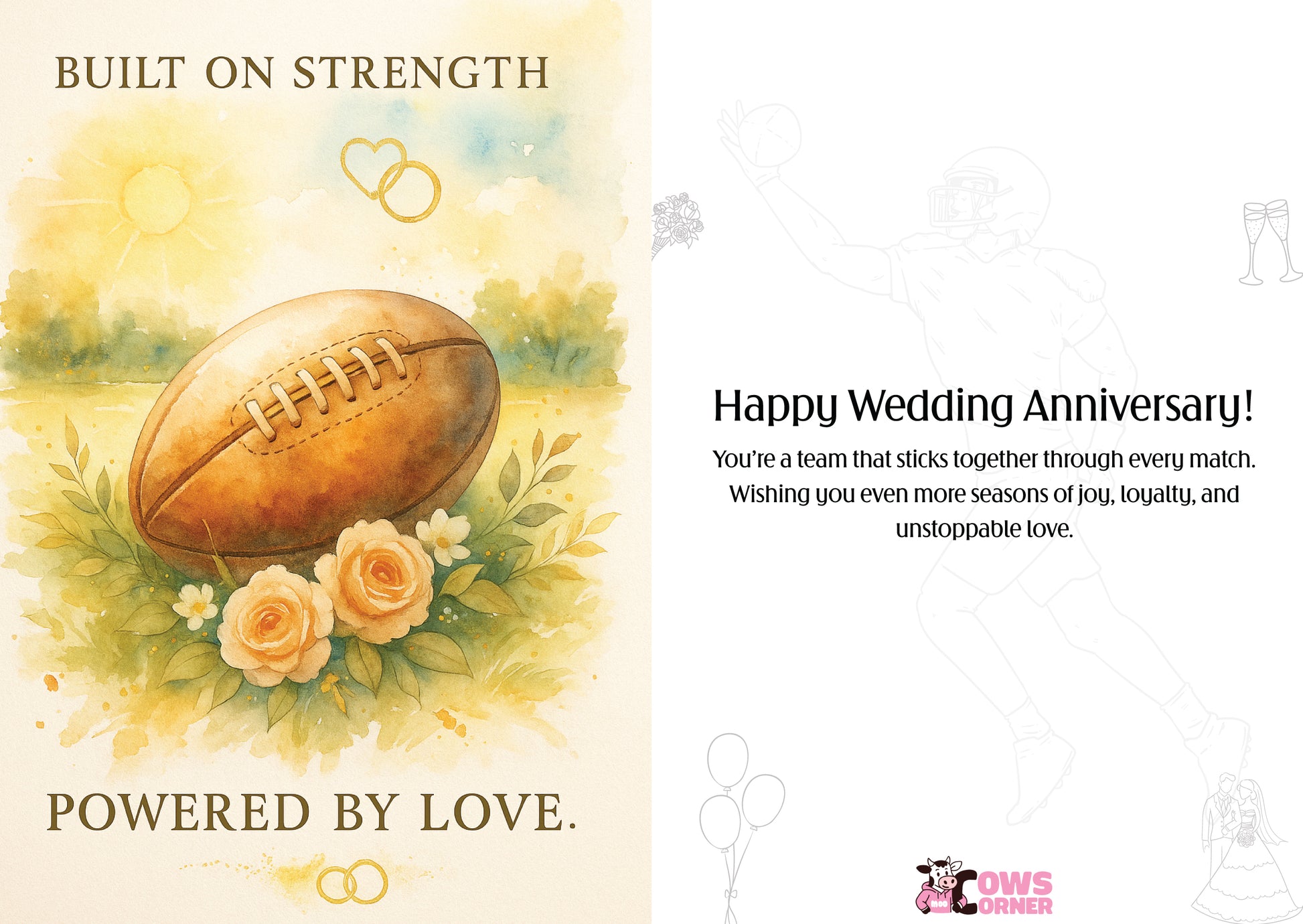 Wedding anniversary card with football, roses, and text on a yellow and white background. This is a beautiful Cows Corner Card