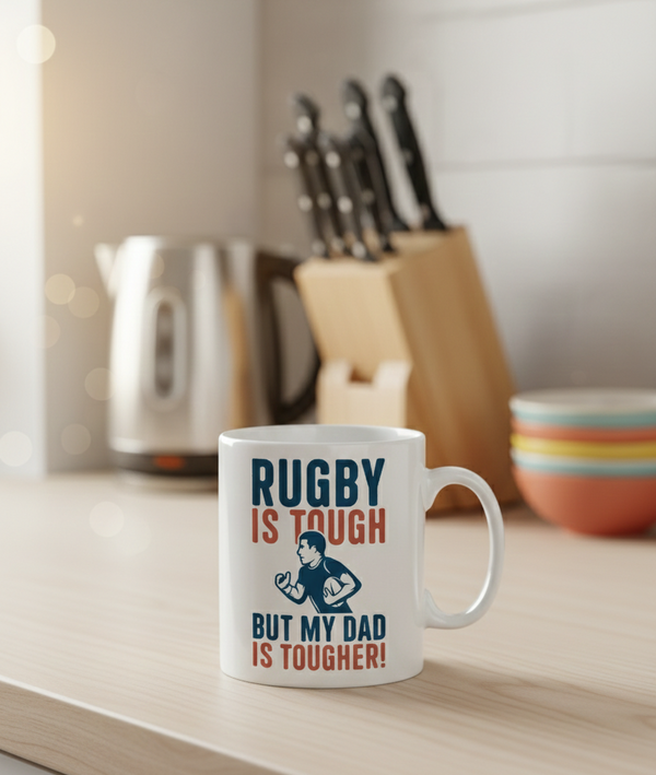 This is a Cows Corner mug with a funny rugby slogan 'Rugby Is Tough but My Dad Is Tougher!'. Cows Corner gifts are perfect for sport-mad fans, these gifts work brilliantly for birthdays, new baby celebrations, Father’s Day, Mother’s Day, Christmas, anniversaries, thank you gifts, end-of-season team awards, graduations, retirements, and just-because moments when you want to raise a smile. 
