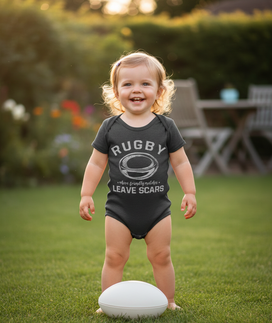 Child wearing a black onesie with 'Rugby leaves scars' text, standing on grass.  The baby is wearing a Cows Corner baby grow, Cows Corner gifts are perfect for sport-mad fans, these gifts work brilliantly for birthdays, new baby celebrations, Father’s Day, Mother’s Day, Christmas, anniversaries, thank you gifts, end-of-season team awards, graduations, retirements, and just-because moments when you want to raise a smile. 
