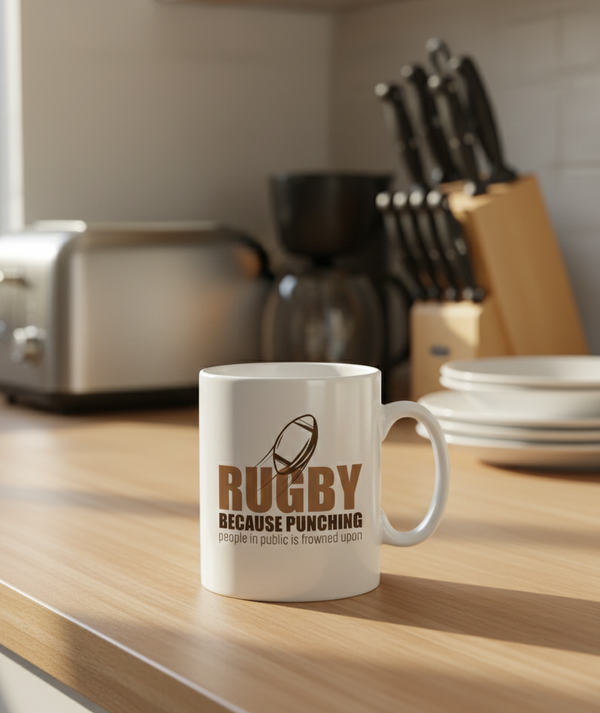 A Cows Corner mug with a funny rugby slogan 'Rugby Because Punching People in Public Is Frowned Upon'. Cows Corner gifts are perfect for sport-mad fans, these gifts work brilliantly for birthdays, new baby celebrations, Father’s Day, Mother’s Day, Christmas, anniversaries, thank you gifts, end-of-season team awards, graduations, retirements, and just-because moments when you want to raise a smile. 
