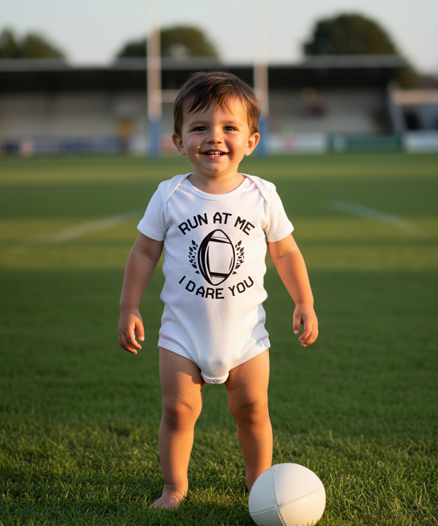 Child wearing a onesie with text on a soccer field. The baby is wearing a Cows Corner baby grow with a funny rugby slogan 'Run at Me I Dare You '. Cows Corner gifts are perfect for sport-mad fans, these gifts work brilliantly for birthdays, new baby celebrations, Father’s Day, Mother’s Day, Christmas, anniversaries, thank you gifts, end-of-season team awards, graduations, retirements, and just-because moments when you want to raise a smile. 
