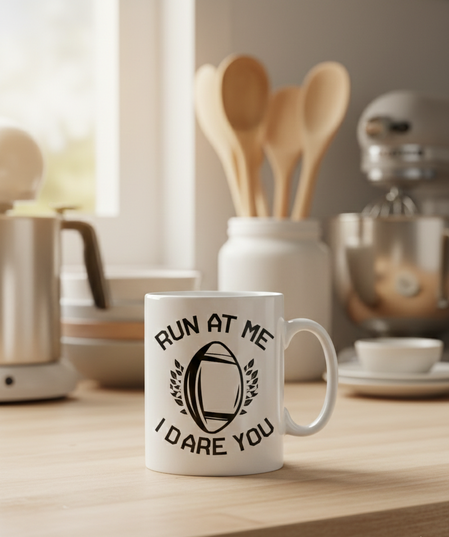 White mug with 'Run at Me, I Dare You' text in a kitchen setting. This is a Cows Corner mug with funny rugby slogan 'Run at Me I Dare You'. Cows Corner gifts are perfect for sport-mad fans, these gifts work brilliantly for birthdays, new baby celebrations, Father’s Day, Mother’s Day, Christmas, anniversaries, thank you gifts, end-of-season team awards, graduations, retirements, and just-because moments when you want to raise a smile. 
