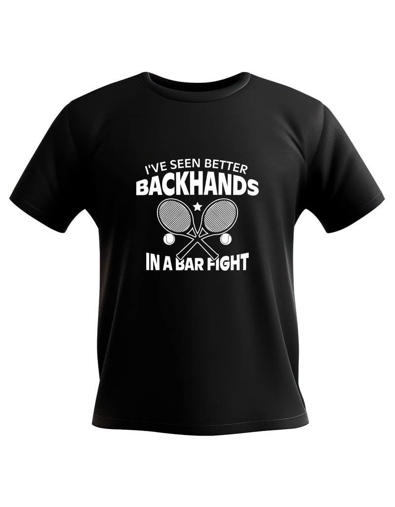 A black t-shirt with the funny tennis slogan on the front that reads 'I've Seen Better Backhands In A Bar Fight'